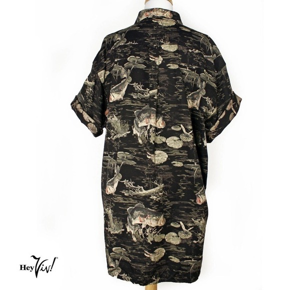 Vintage Mens RedHead Hawaiian Shirt Black Cotton Fishing Theme Size XL - Hey Viv - Picture 3 of 7